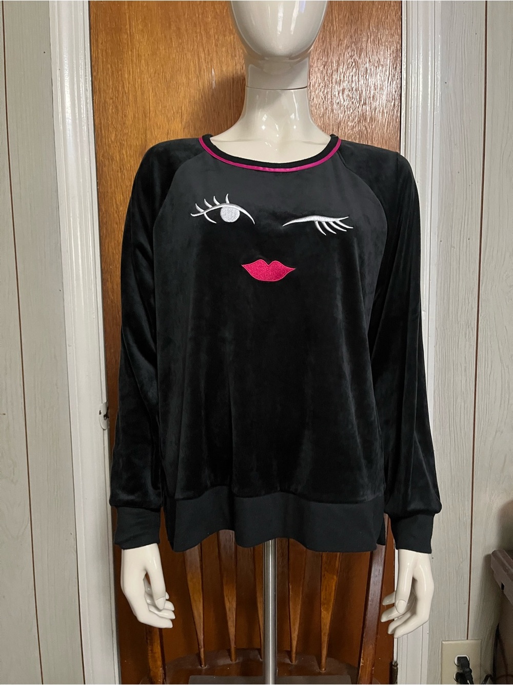 kate spade Black Velvet Winking Face Pullover with Pink Details